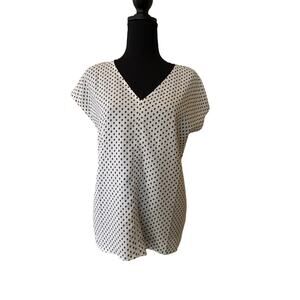 Hilary Radley Women’s Blouse Small White Black Polka Dot V-Neck Top